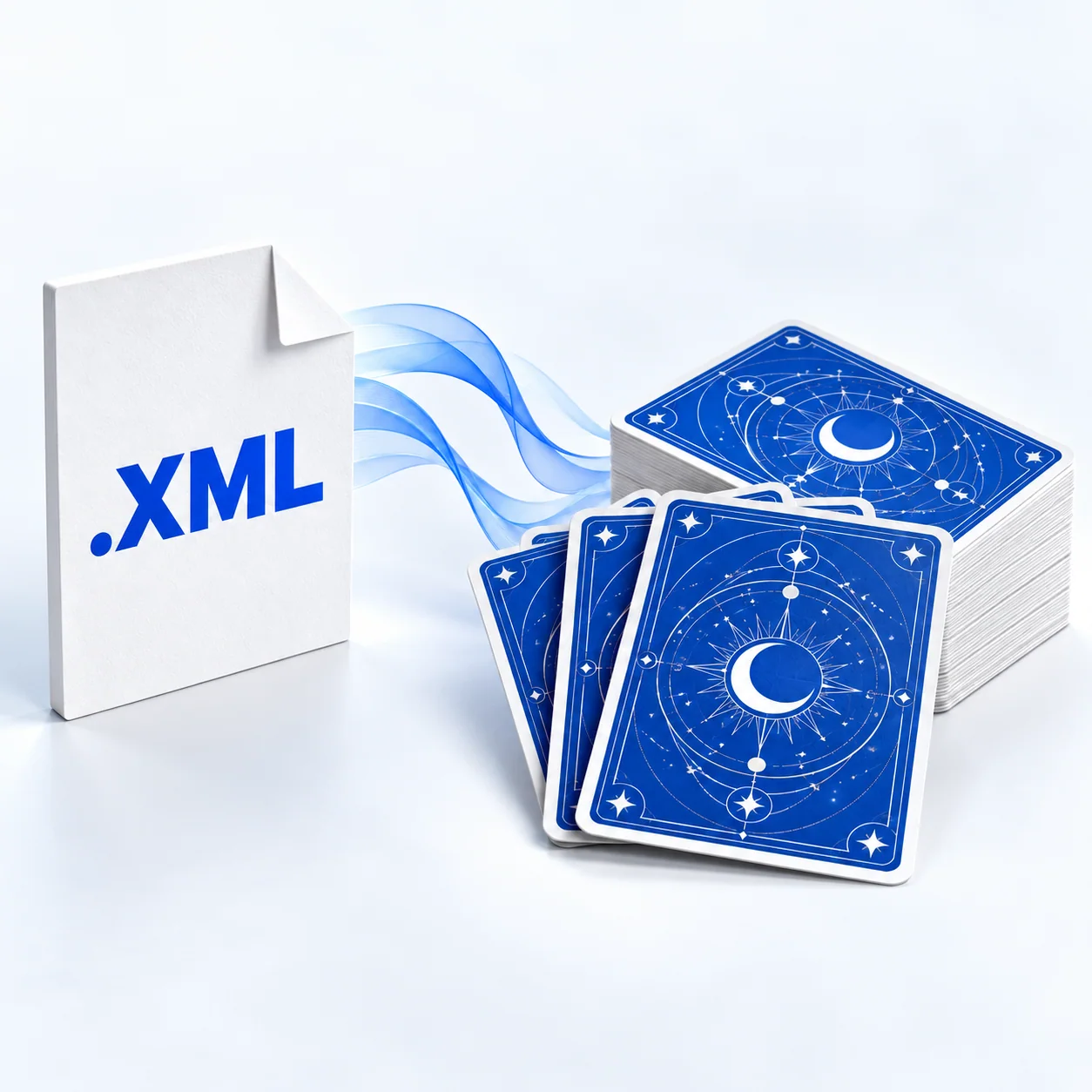Illustration d’un fichier XML à côté d’une pile de cartes à collectionner bleues.