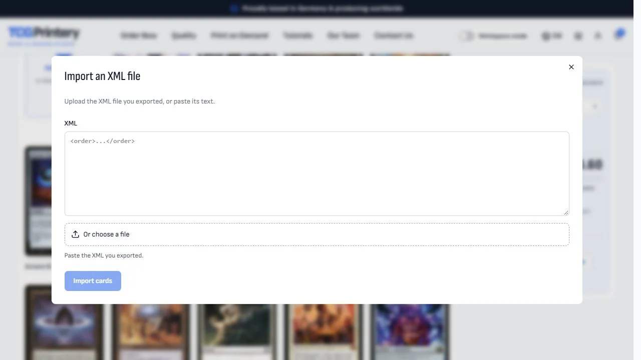 Fenêtre d’import XML de TCGPrintery avec un champ de texte, un sélecteur de fichier et le bouton Importer les cartes.