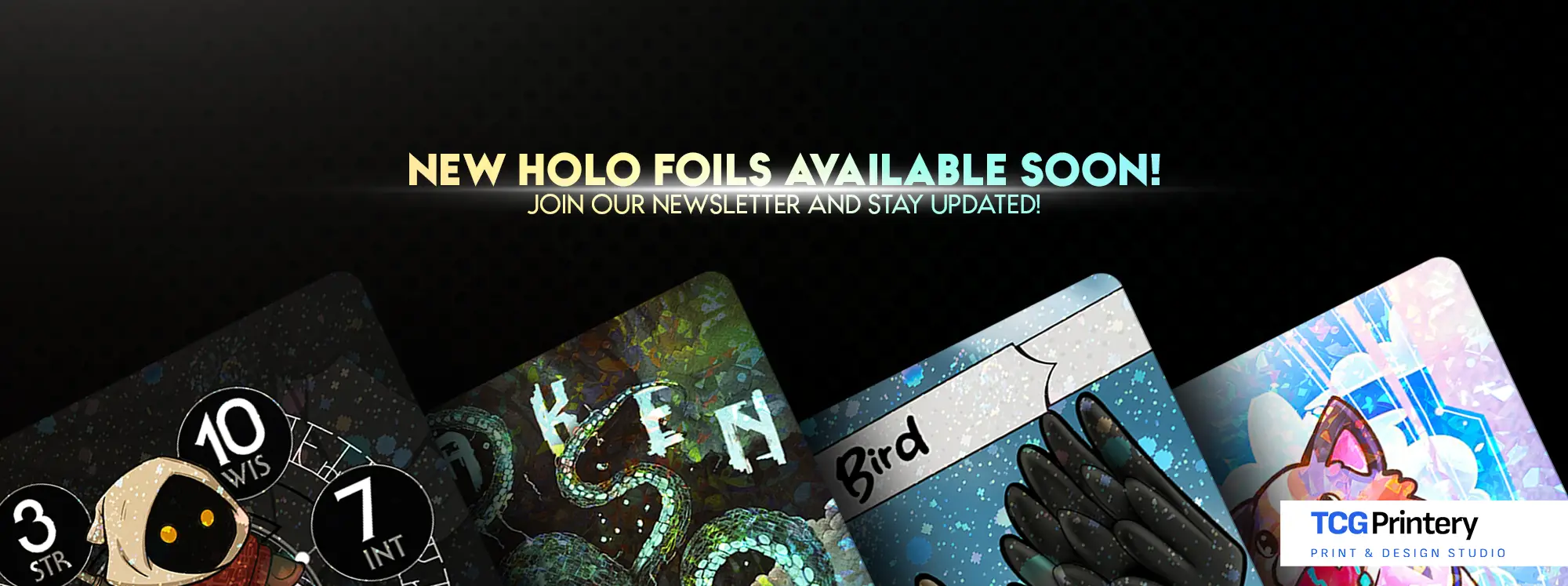 Holographic foil cards featuring an adventurer, a kraken, a bird and a dog