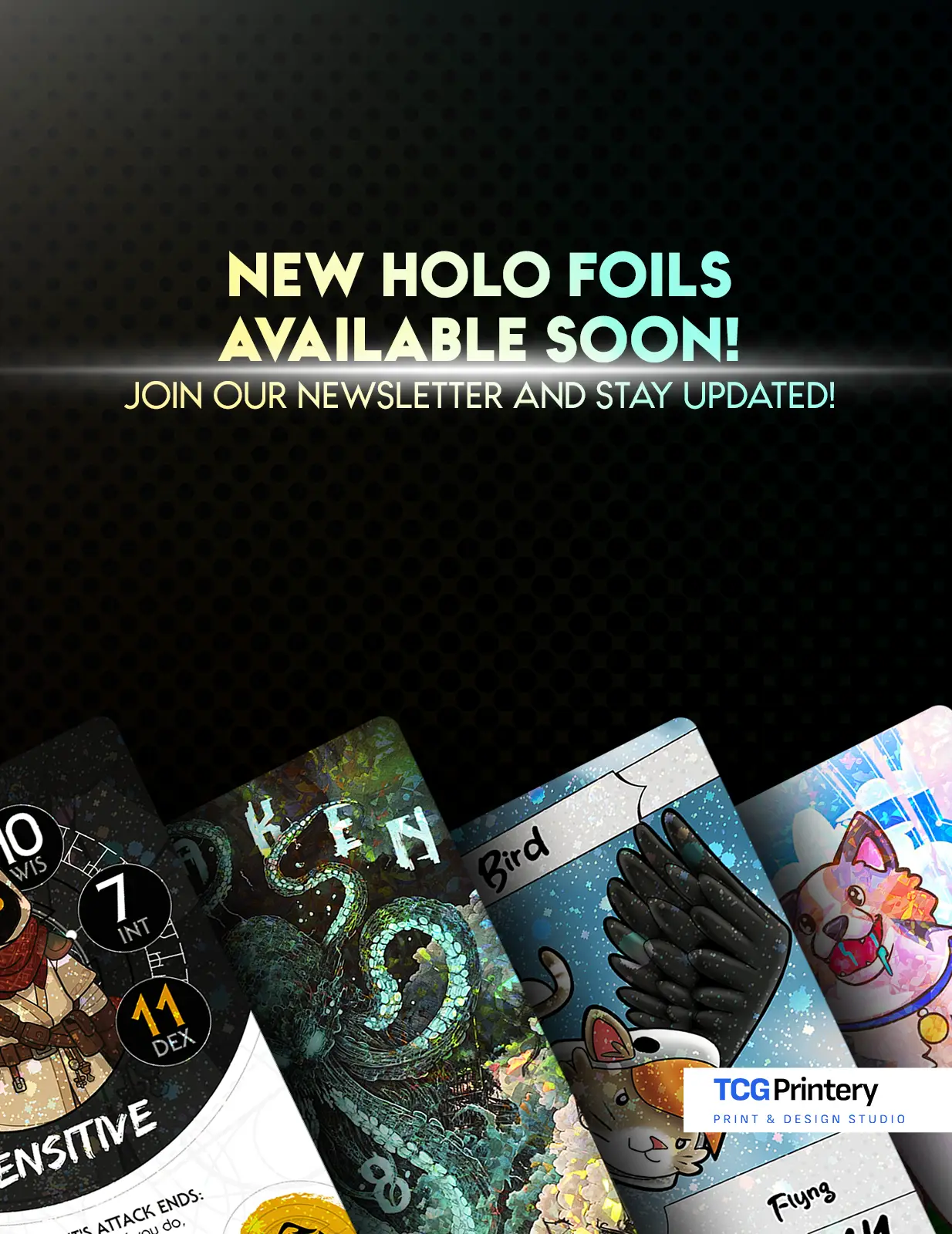 Holographic foil cards featuring an adventurer, a kraken, a bird and a dog
