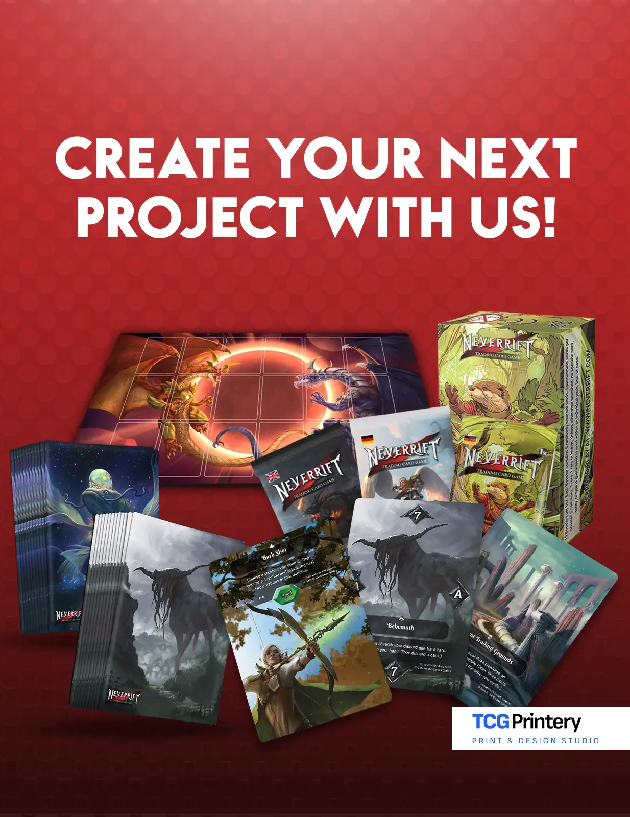 Neverrift cards, boosters, sleeves, a playmat and a deck box