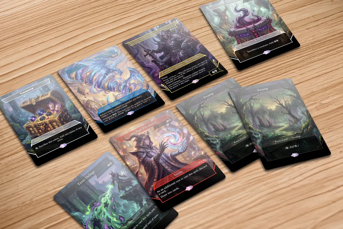 Exemples de cartes à collectionner fantasy imprimées disposées sur une table en bois.