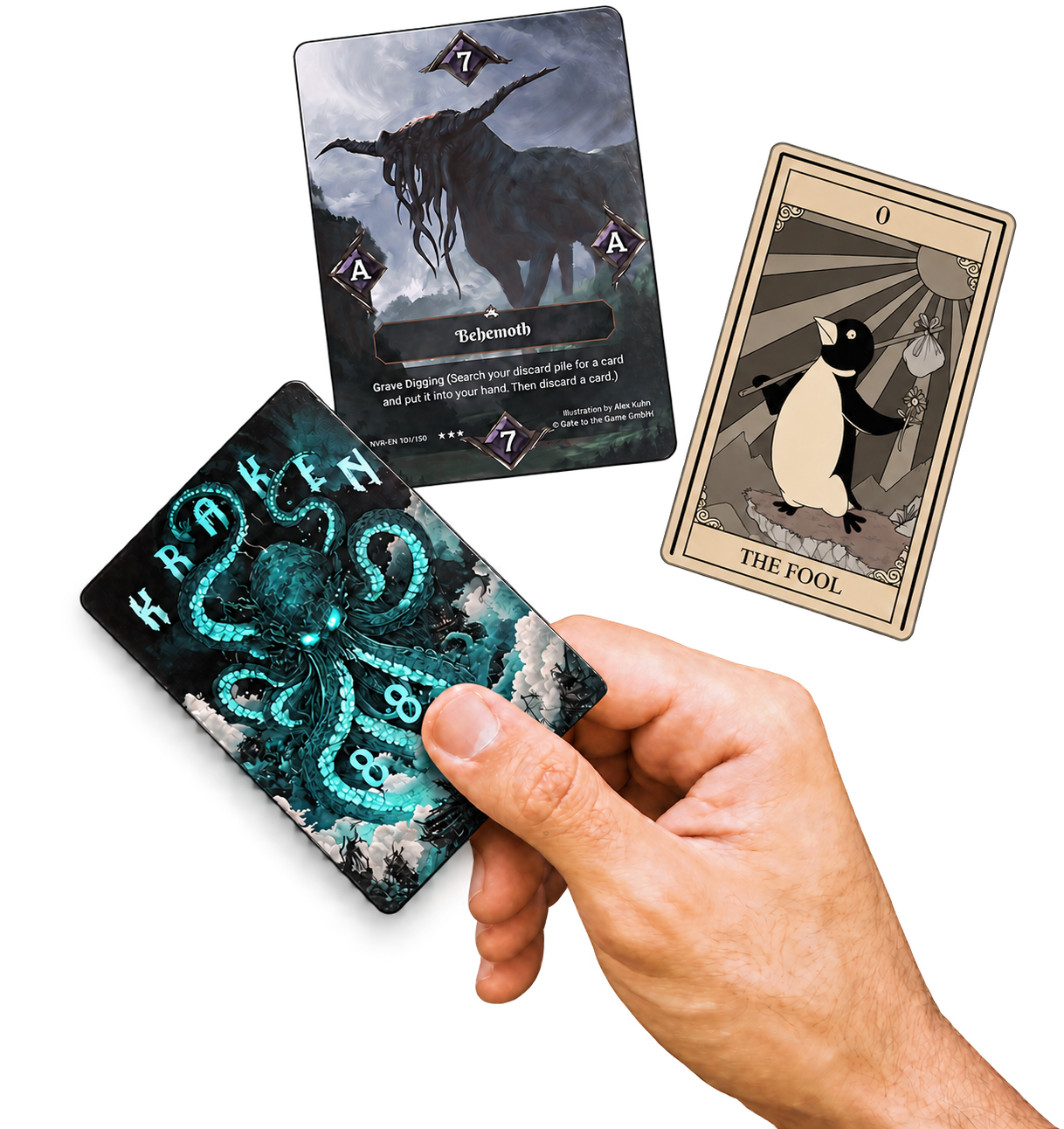 Neverrift Behemoth and Penguin Tarot cards beside a hand holding an MTG Kraken token