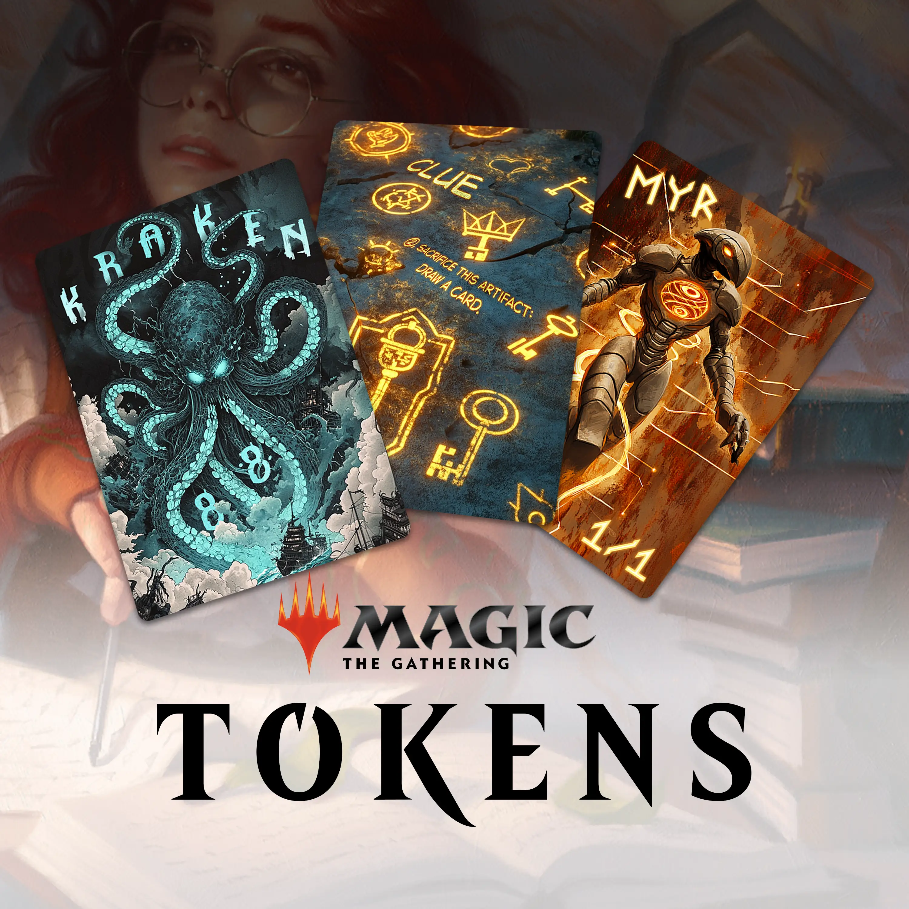 Magic: The Gathering tokens featuring Kraken, Clue and Myr artwork