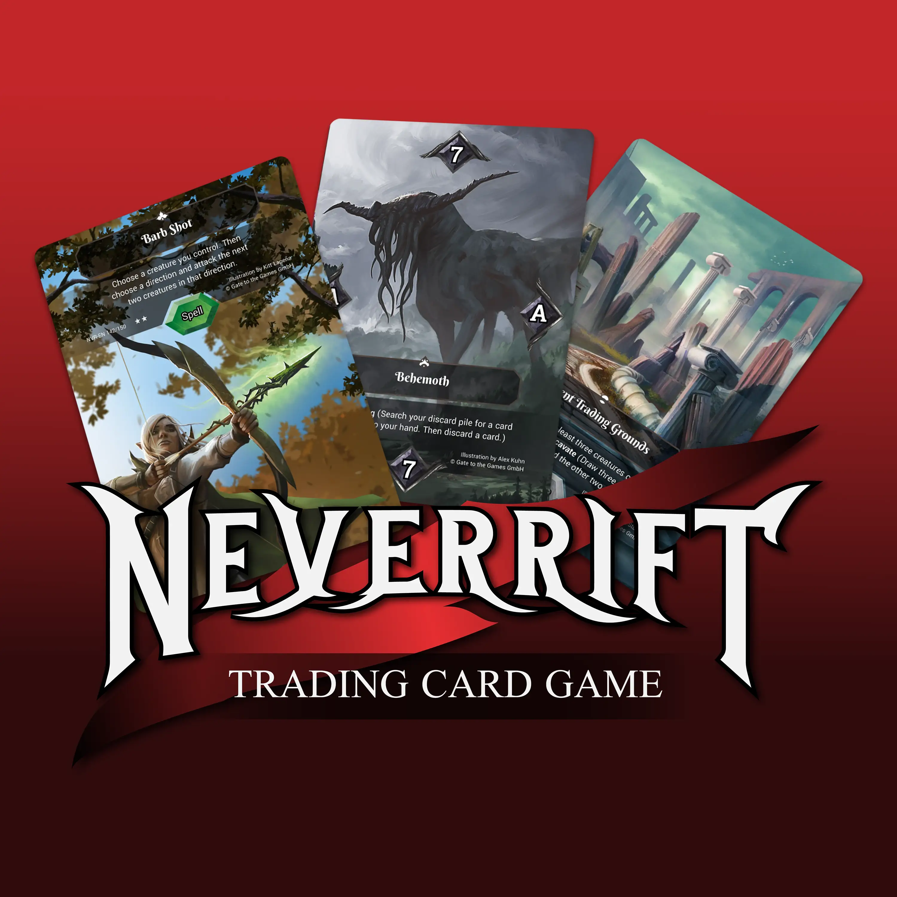 Neverrift trading cards featuring Barb Shot, Behemoth and trading grounds