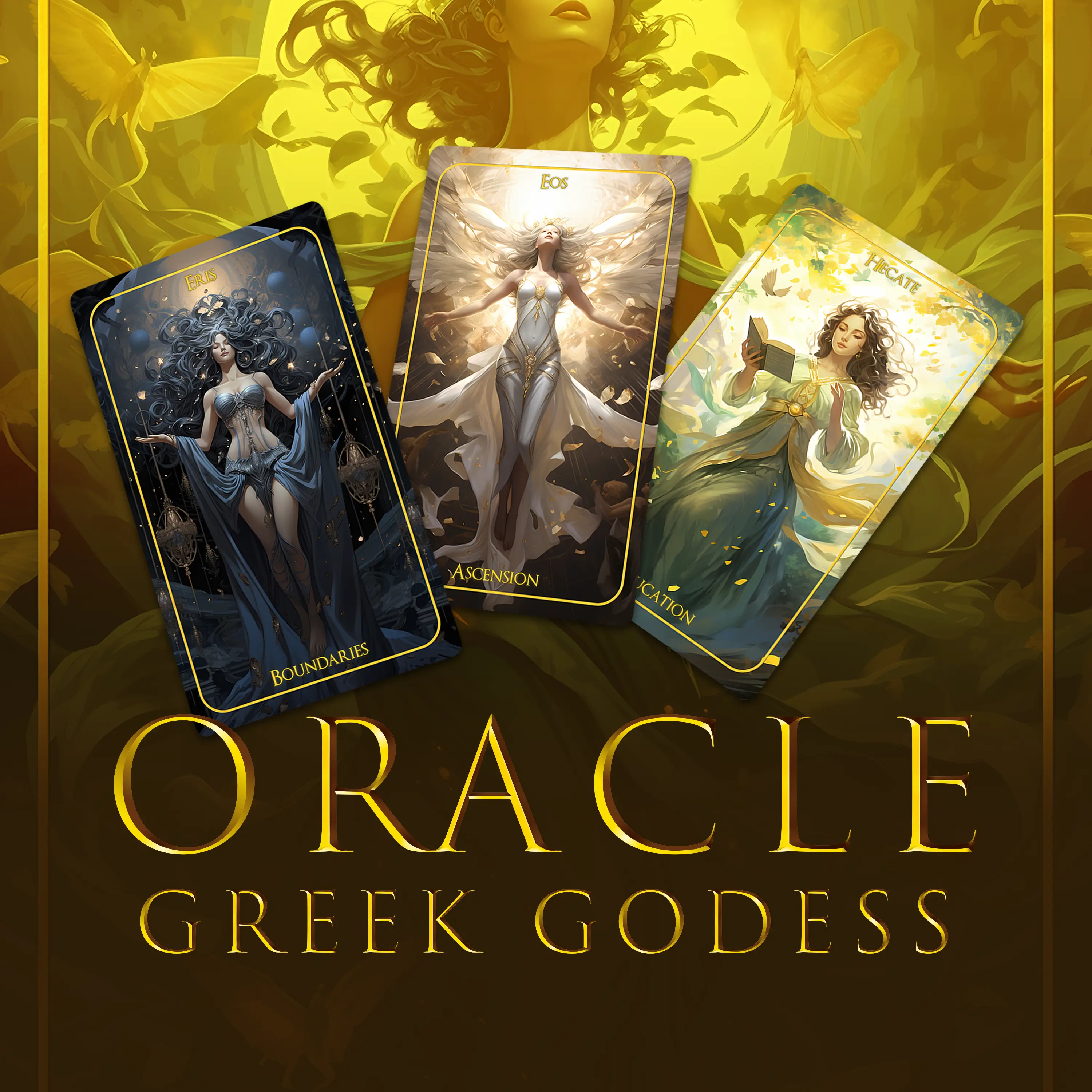 Greek goddess oracle cards featuring Eris, Eos and Hecate