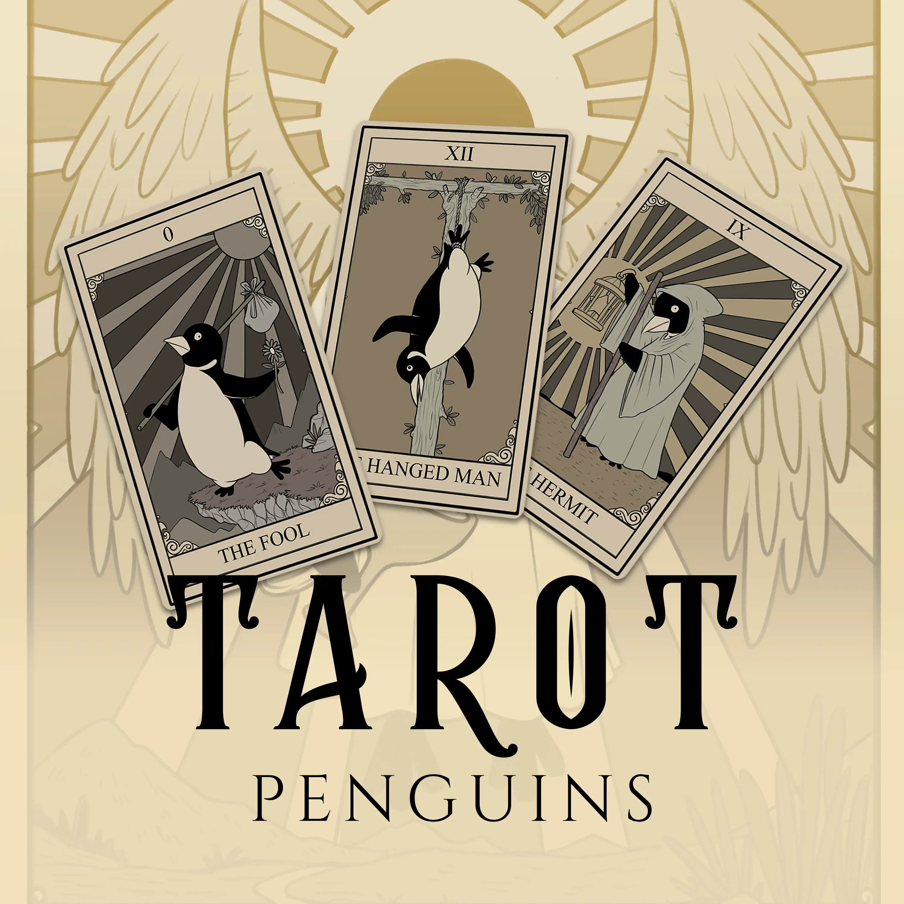 Penguin tarot cards depicting The Fool, The Hanged Man and The Hermit
